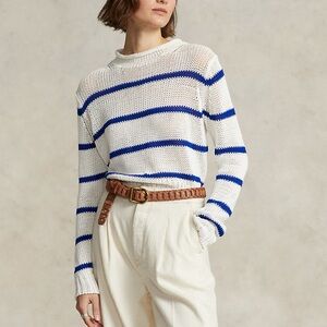 Polo Ralph Lauren Striped Cotton Rollneck Sweater White Blue Medium
